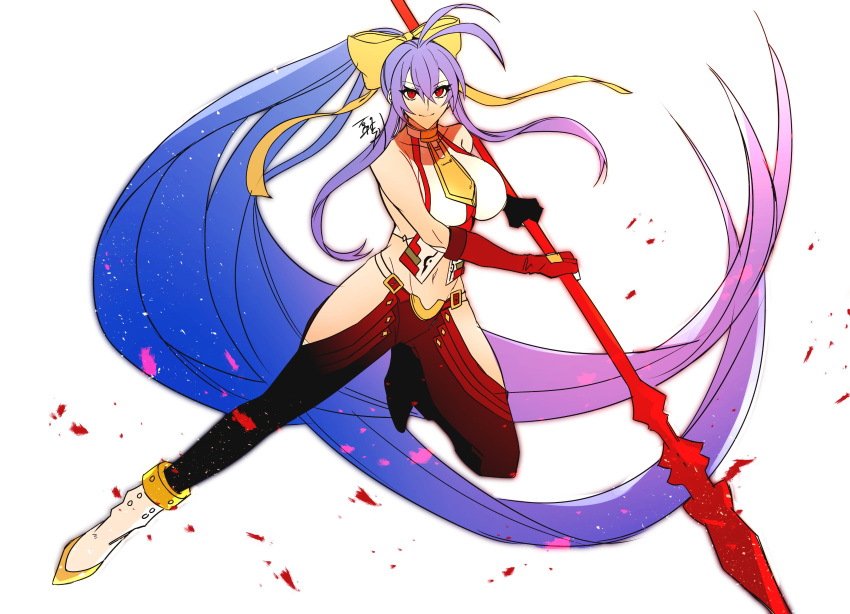 1girl absurdly_long_hair absurdres antenna_hair bare_shoulders black_pants blazblue blazblue_remix_heart blazblue_variable_heart blue_hair bow breasts full_body gloves hair_between_eyes hair_bow halter_top halterneck highres holding holding_spear holding_weapon large_breasts long_hair looking_at_viewer lowleg lowleg_pants mai_natsume navel no_bra no_panties pants polearm ponytail red_eyes revealing_clothes ribbon roas01b sideboob sidelocks smile solo spear very_long_hair weapon yellow_bow