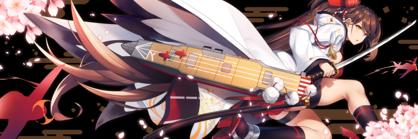 1girl azur_lane bangs black_legwear brown_hair cherry_blossoms commentary_request falling_petals from_side hair_ornament highres holding holding_sword holding_weapon japanese_clothes katana kimono long_hair long_ponytail long_sleeves looking_at_viewer one_knee open_mouth ponytail raiou rudder_footwear sheath sidelocks socks solo sword weapon wide_sleeves yellow_eyes zuikaku_(azur_lane)