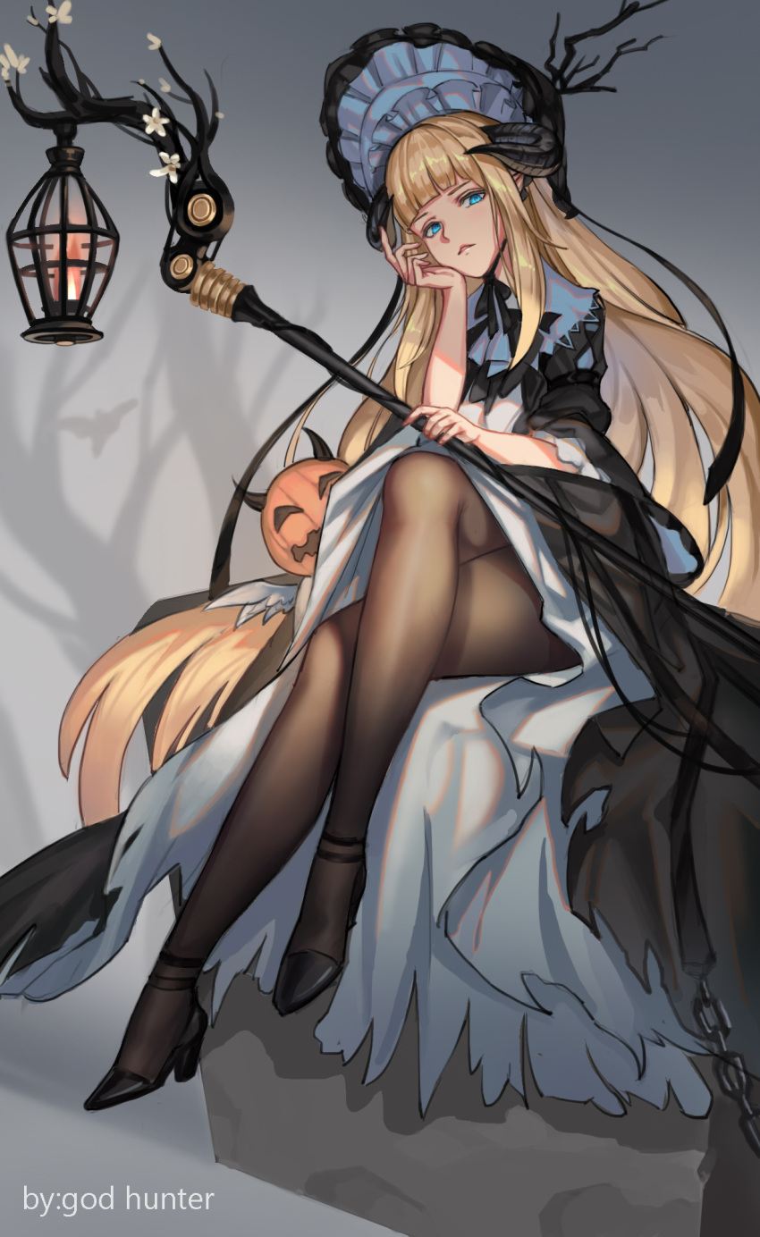 1girl arknights arm_belt artist_name bangs birdcage black_dress black_footwear black_legwear black_ribbon blonde_hair blue_eyes blunt_bangs bonnet branch brown_legwear cage chin_rest crossed_legs demon_horns dress flower full_body god_hunter gothic_lolita halloween high_heels highres horns jack-o'-lantern legs lolita_fashion long_hair long_sleeves looking_at_viewer nightingale_(arknights) pantyhose parted_lips ribbon shoes sitting solo staff two-tone_dress very_long_hair white_dress wide_sleeves