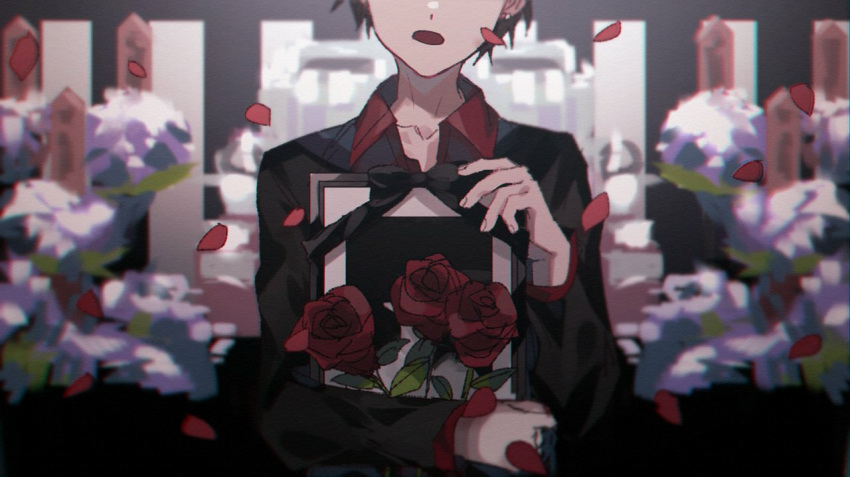 1boy black_bow black_hair black_jacket bow collarbone collared_shirt commentary_request danjou_sora facing_viewer flower hand_up head_out_of_frame holding iei jacket long_sleeves male_focus open_mouth original petals red_flower red_rose red_shirt rose shirt solo upper_body white_flower