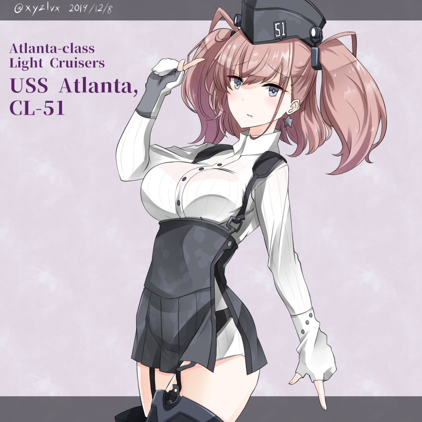 1girl atlanta_(kantai_collection) bangs black_headwear black_legwear blush breasts brown_hair character_name collared_shirt commentary_request dated dress_shirt earrings eyebrows_visible_through_hair garrison_cap garter_straps gloves grey_eyes grey_skirt hair_between_eyes hand_up hat hebitsukai-san highres index_finger_raised jewelry kantai_collection large_breasts long_sleeves looking_at_viewer parted_lips partly_fingerless_gloves pleated_skirt shirt skirt solo star star_earrings suspender_skirt suspenders thigh-highs twitter_username two_side_up white_gloves white_shirt