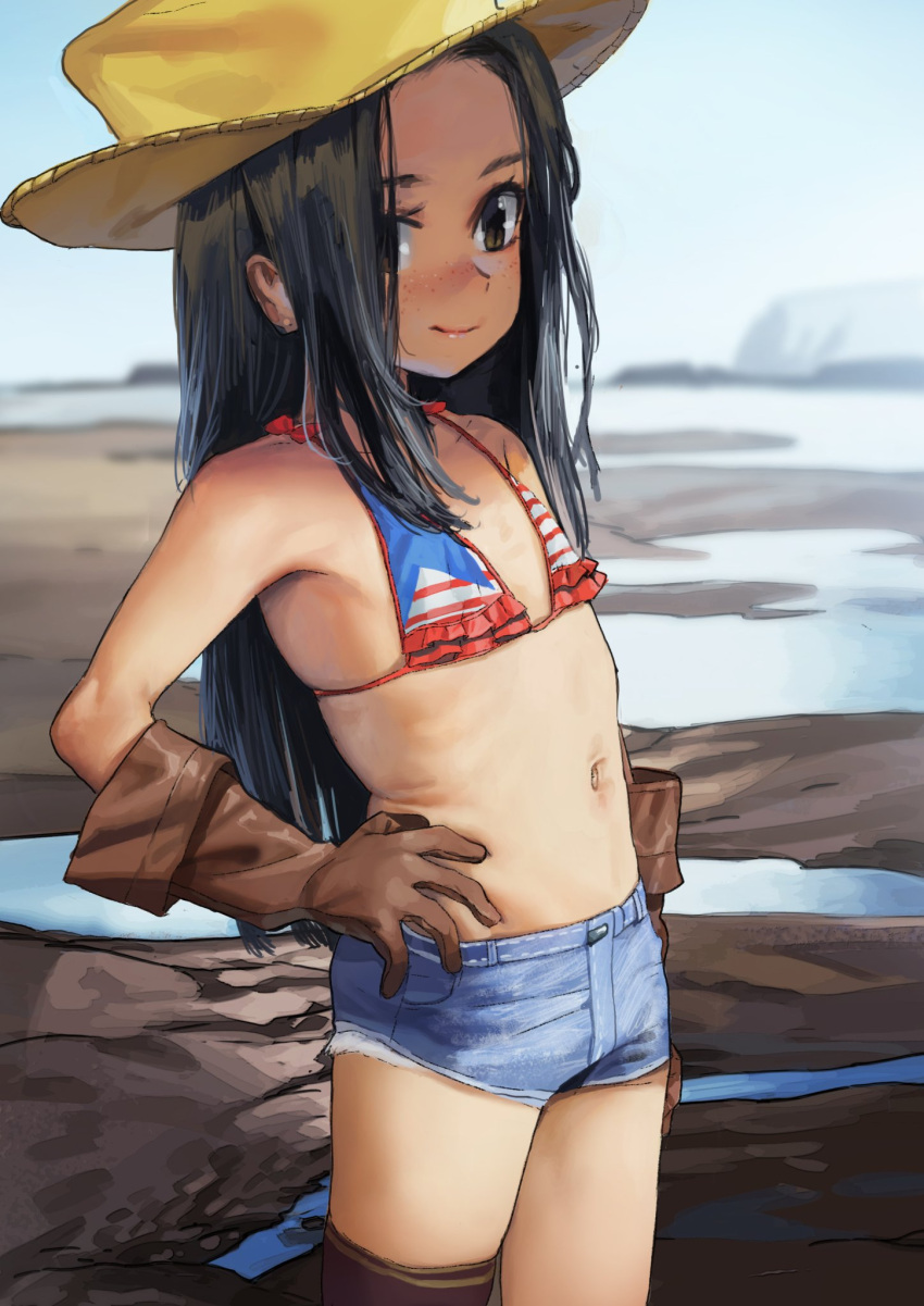 1girl bikini_top black_hair black_legwear blue_bikini_top brown_eyes brown_gloves brown_headwear commentary_request cutoffs denim denim_shorts flat_chest forehead freckles gloves hair_over_one_eye hand_on_hip hat highres long_hair mammoth9878 navel original outdoors red_bikini_top short_shorts shorts single_thighhigh smile solo striped_bikini_top thigh-highs