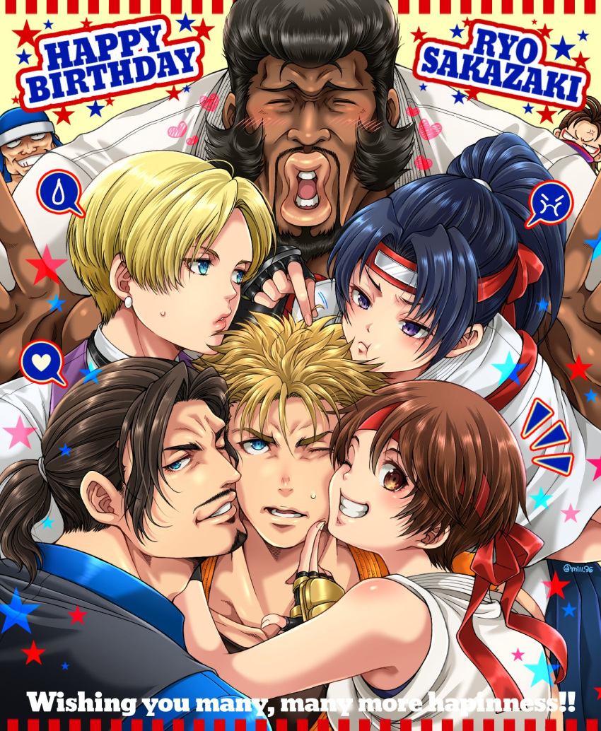 3girls 5boys blonde_hair blue_eyes blush brown_hair dark_skin dougi earrings fingerless_gloves fu-ha_jin gloves happy_birthday headband highres jewelry king_(snk) kisaragi_eiji marco_rodriguez miru_(mill_36) multiple_boys multiple_girls robert_garcia ryou_sakazaki ryuuko_no_ken short_hair sideburns thick_lips toudou_kasumi yuri_sakazaki