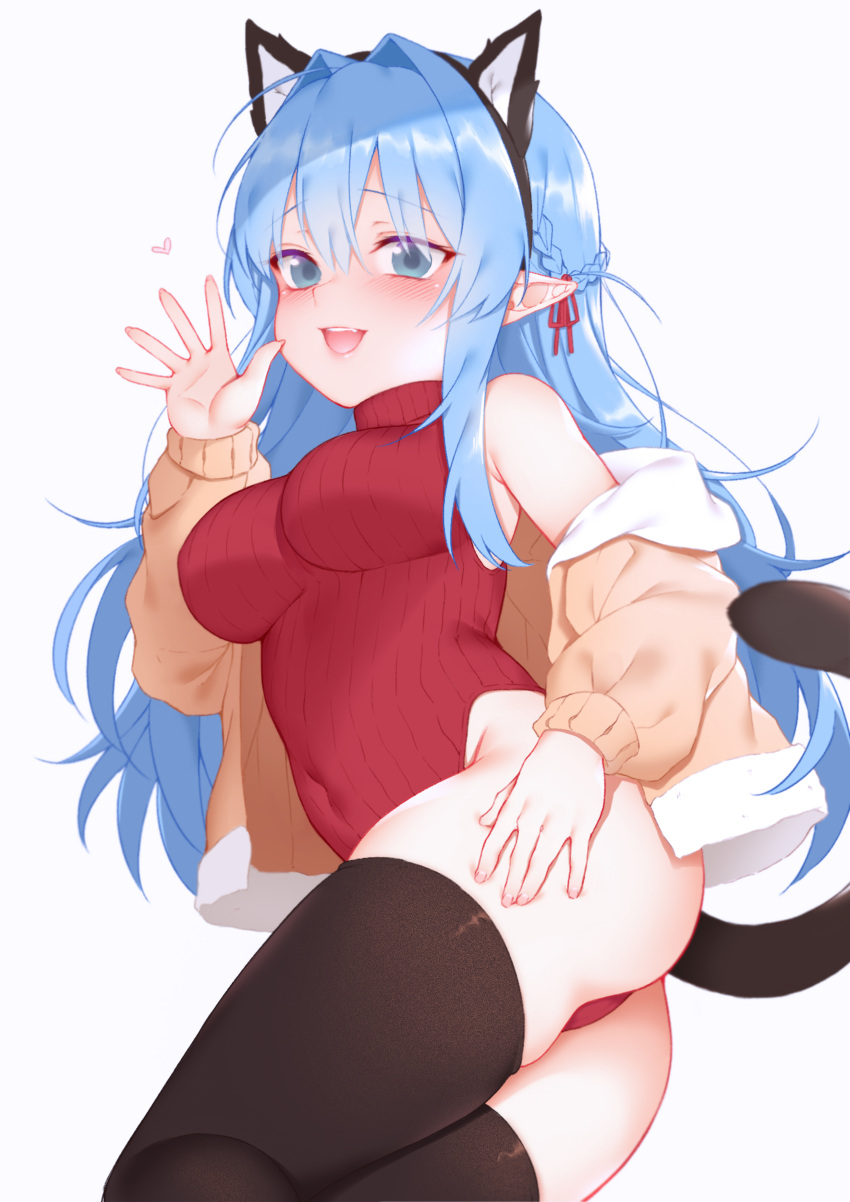 1girl :d absurdres ahoge animal_ears ass bangs bare_shoulders black_legwear blue_eyes blue_hair blush braid breasts brown_jacket cat_ears cat_tail closed_mouth commentary_request covered_navel eyebrows_visible_through_hair fake_animal_ears fingernails french_braid groin hair_between_eyes hair_intakes hair_ribbon highleg highleg_leotard highres impossible_clothes impossible_leotard impossible_sweater jacket leotard long_hair long_sleeves looking_at_viewer lying medium_breasts meme_attire nail_polish off_shoulder on_side open_clothes open_jacket open_mouth original pink_nails pointy_ears red_leotard red_ribbon red_sweater ribbed_leotard ribbed_sweater ribbon sidelocks simple_background skindentation sleeveless sleeveless_sweater sleeveless_turtleneck smile solo sweater tail thigh-highs turtleneck turtleneck_sweater upper_teeth very_long_hair white_background zhaofeng_yinyue