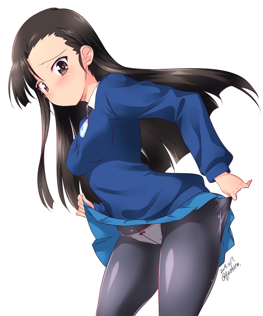 1girl adjusting_clothes adjusting_legwear alternate_costume asymmetrical_bangs bangs black_hair black_legwear black_neckwear blue_skirt blue_sweater blunt_ends blush bow bow_panties brown_eyes closed_mouth commentary_request crotch_seam dated dress_shirt emblem girls_und_panzer highres kuzuryuu_kennosuke leaning_forward lifted_by_self long_hair long_sleeves looking_at_viewer miniskirt necktie nishi_kinuyo panties panties_under_pantyhose pantyhose pleated_skirt school_uniform shirt simple_background skirt skirt_lift solo st._gloriana's_school_uniform standing straight_hair sweater twitter_username underwear v-neck white_background white_panties white_shirt wing_collar