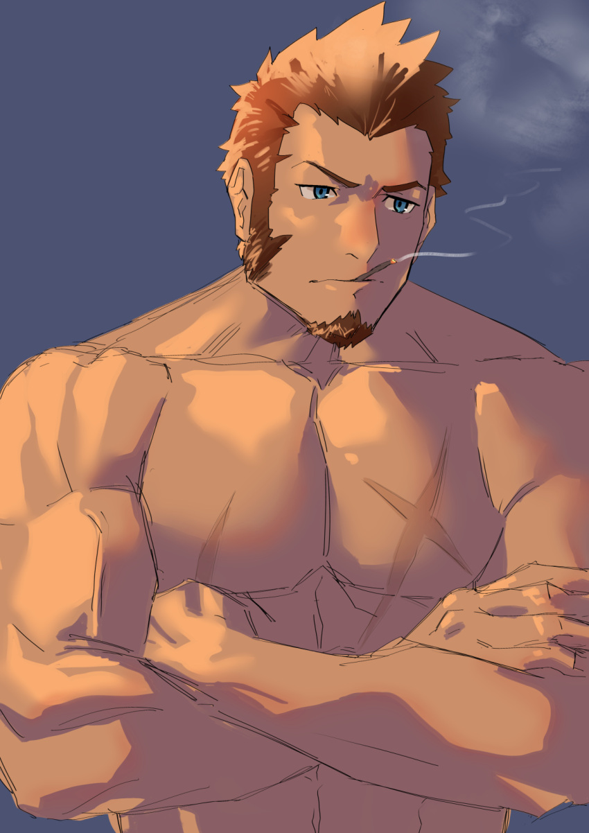 1boy bara beard biceps blue_eyes brown_hair chest crossed_arms facial_hair fate/grand_order fate_(series) highres looking_to_the_side male_focus monmonhomon muscle napoleon_bonaparte_(fate/grand_order) pectorals scar simple_background sketch smoke smoking solo upper_body veins