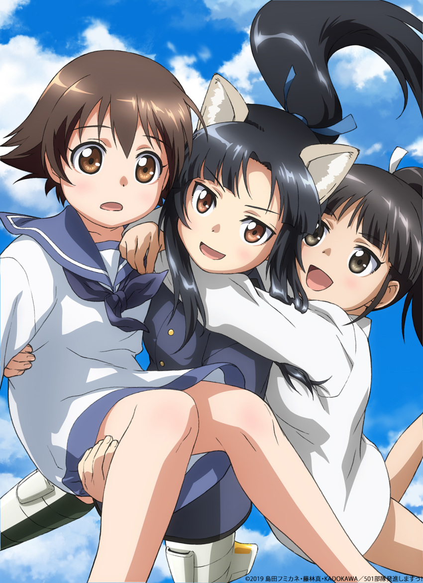 3girls animal_ears black_hair blue_ribbon blue_sky brown_eyes brown_hair carrying commentary_request dog_ears dress eyebrows_visible_through_hair flying hair_ribbon hattori_shizuka high_ponytail highres hug long_hair long_sleeves looking_at_viewer military military_uniform miyafuji_yoshika multiple_girls official_art open_mouth ponytail ribbon sailor_collar sailor_dress sakamoto_mio short_hair sky strike_witches striker_unit uniform world_witches_series