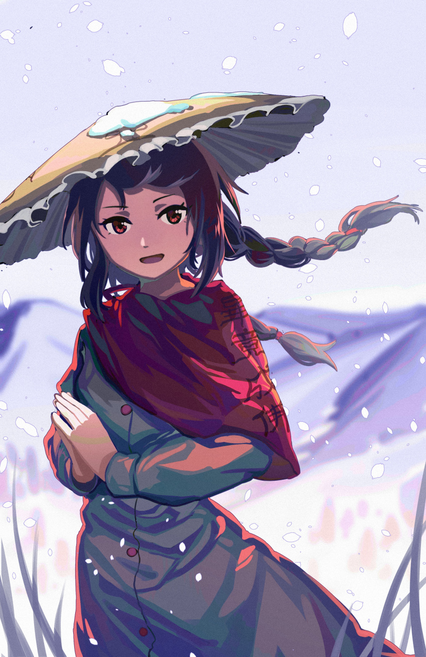 1girl :d absurdres ajirogasa black_hair braid brown_headwear capelet commentary_request cowboy_shot dress furahata_gen grey_dress hat highres long_hair long_sleeves looking_at_viewer low_twintails open_mouth outdoors own_hands_together palms_together red_capelet red_eyes smile snowing solo standing touhou twin_braids twintails yatadera_narumi