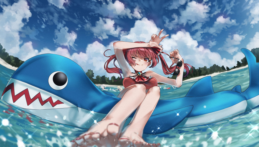 absurdres bangs bare_shoulders barefoot blue_sky blurry_foreground blush breasts daradarahundosi day fisheye highres holding holding_eyewear hololive houshou_marine large_breasts lifebuoy medium_hair nail_polish ocean on_water one_eye_closed outdoors red_eyes red_nails red_swimsuit redhead sky solo_focus sunglasses swimsuit tongue tongue_out twintails virtual_youtuber