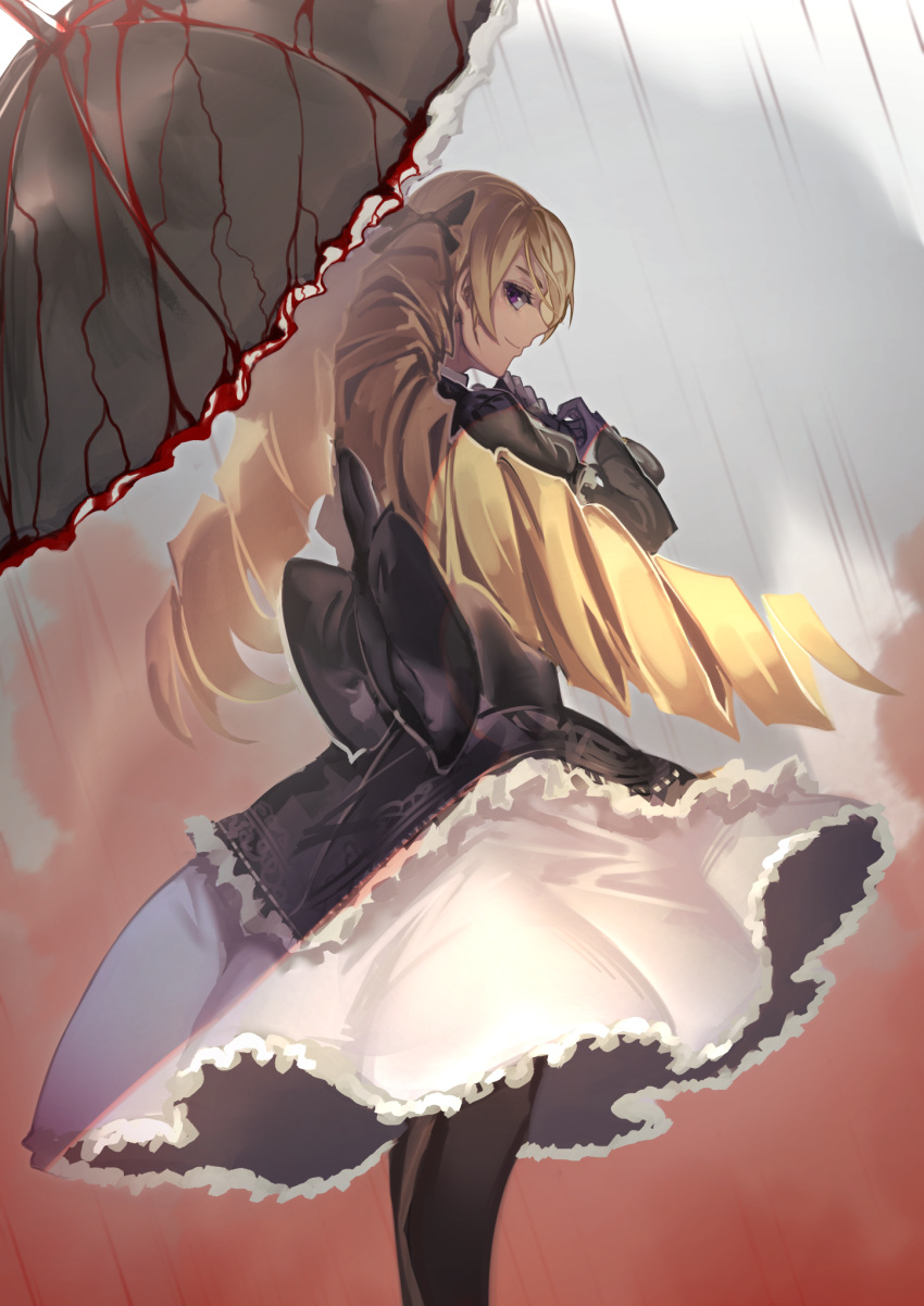 1girl back_bow bangs black_bow black_dress black_legwear black_umbrella blonde_hair blood bow closed_mouth commentary_request dress drill_hair eyebrows_behind_hair fixro2n from_behind gloves hair_bow highres holding holding_umbrella juliet_sleeves long_hair long_sleeves looking_at_viewer looking_back original pantyhose profile puffy_sleeves purple_gloves skirt sleeves_past_wrists smile solo standing twin_drills umbrella very_long_hair violet_eyes white_skirt