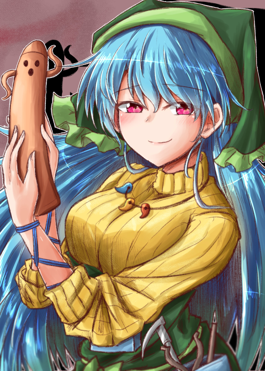 1girl absurdres adapted_costume bangs blue_hair blush breasts commentary_request drop_shadow eyebrows_visible_through_hair hair_between_eyes hands_up haniwa_(statue) haniyasushin_keiki head_scarf highres holding jewelry large_breasts long_hair long_sleeves looking_at_viewer magatama magatama_necklace necklace oshiaki red_eyes ribbed_sweater smile solo sweater touhou turtleneck turtleneck_sweater upper_body yellow_sweater