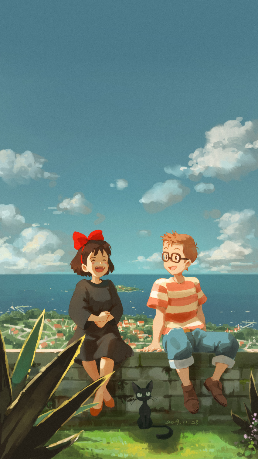 1boy 1girl :d absurdres animal black-framed_eyewear black_cat black_dress blue_sky blush_stickers bow brown_footwear brown_hair cat closed_eyes clouds commentary_request crossed_ankles dated day dress hair_bow hairband highres horizon jiji_(majo_no_takkyuubin) kiki laughing long_sleeves looking_at_another majo_no_takkyuubin making-of_available ocean open_mouth outdoors red_bow red_footwear red_hairband shirt shoes short_hair short_sleeves sitting sky smile stone_wall striped striped_shirt tombo wall xiaobanbei_milk