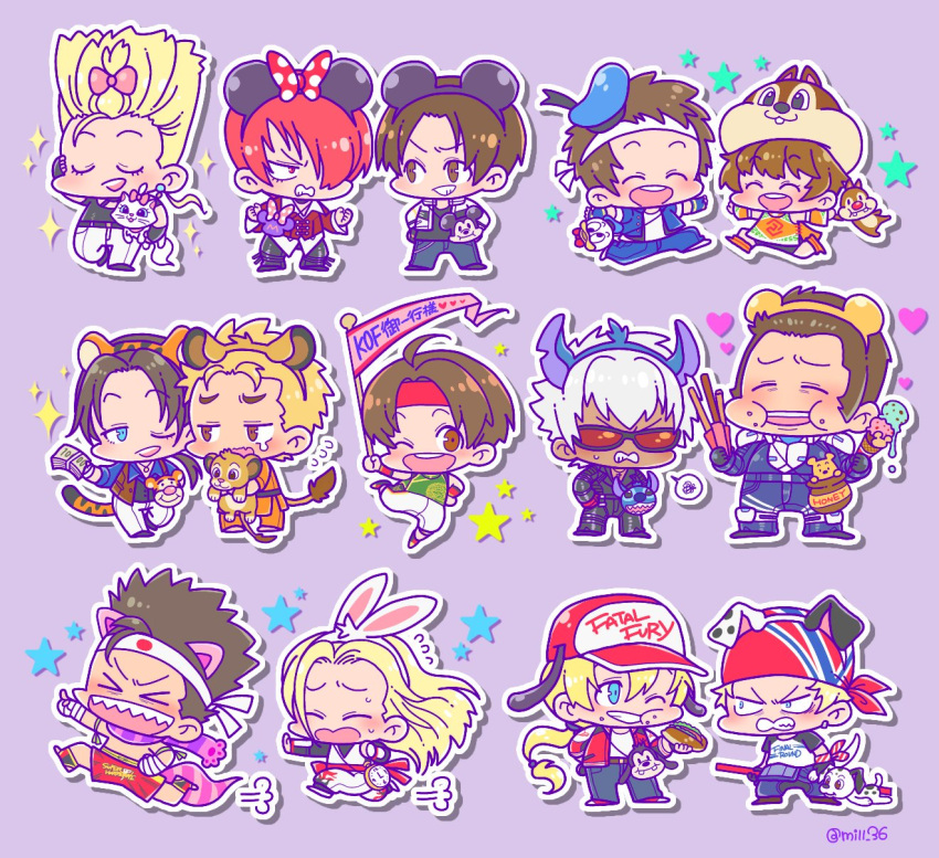 andy_bogard animal_ears bandana bao billy_kane blonde_hair brown_hair chibi disney fatal_fury headband highres ice_cream_cone joe_higashi k' kusanagi_kyou long_hair maxima miru_(mill_36) multiple_boys nikaidou_benimaru redhead ribbon robert_garcia ryou_sakazaki ryuuko_no_ken sie_kensou snk staff terry_bogard the_king_of_fighters yabuki_shingo yagami_iori