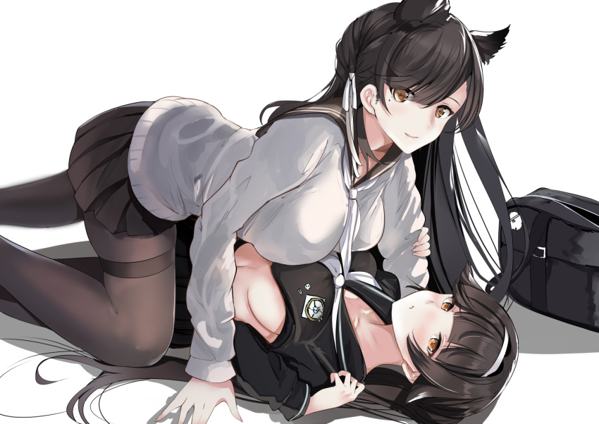 2girls all_fours animal_ears atago_(azur_lane) atago_(school_daydream)_(azur_lane) azur_lane bag bangs black_hair black_legwear black_sailor_collar black_serafuku black_shirt black_skirt blunt_bangs breast_press breasts collarbone commentary_request crop_top crop_top_overhang dog_ears extra_ears eyebrows_visible_through_hair girl_on_top hair_behind_ear hair_ears hair_flaps hairband hanging_breasts large_breasts long_hair looking_at_viewer lying mole mole_under_eye multiple_girls navel neckerchief on_back pantyhose parted_lips pleated_skirt ponytail ribbon sailor_collar school_bag school_uniform schreibe_shura serafuku shadow shirt sidelocks skirt smile swept_bangs symmetrical_docking takao_(academy_romantica)_(azur_lane) takao_(azur_lane) thighband_pantyhose white_background white_cardigan white_hairband white_neckwear white_ribbon yellow_eyes