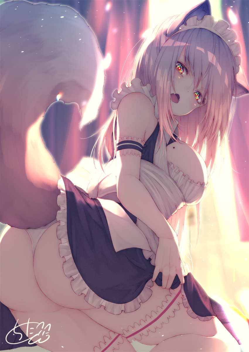 1girl animal_ear_fluff animal_ears ass backlighting bangs bare_shoulders black_dress blurry blurry_background breasts brown_hair chita_(ketchup) commentary_request depth_of_field dress eyebrows_visible_through_hair fang fox_ears fox_girl fox_tail frilled_dress frills glowing hair_between_eyes highres large_breasts long_hair looking_at_viewer looking_back maid_headdress open_mouth original panties red_eyes signature sleeveless sleeveless_dress solo tail underwear white_panties