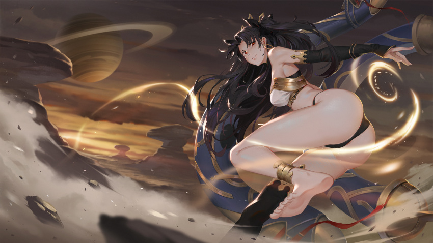 1girl ass bare_shoulders barefoot black_gloves black_hair black_legwear black_panties black_ribbon breasts bridal_gauntlets crown earrings elbow_gloves fate/grand_order fate_(series) from_behind gloves grin hair_ribbon heavenly_boat_maanna highres ishtar_(fate/grand_order) jewelry karasu_kame_ex long_hair looking_at_viewer looking_back medium_breasts outdoors panties red_eyes ribbon saturn single_thighhigh smile solo thigh-highs thighs toeless_legwear two_side_up underwear