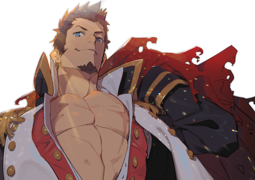 1boy abs bara beard blue_eyes brown_hair cape chest collar epaulettes facial_hair fate/grand_order fate_(series) long_sleeves male_focus military military_uniform muscle napoleon_bonaparte_(fate/grand_order) open_clothes pectorals ryota-h scar sideburns simple_background smile solo uniform
