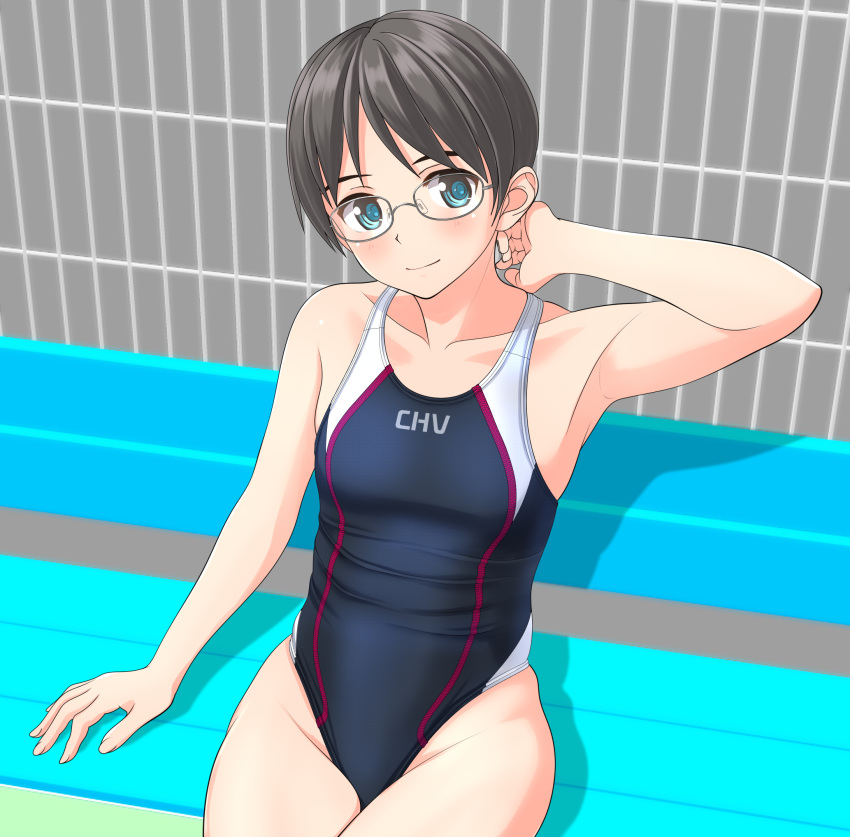 1girl bench black_hair black_swimsuit blue_eyes breasts competition_swimsuit cowboy_shot fence glasses highres logo looking_at_viewer one-piece_swimsuit original short_hair small_breasts smile solo swimsuit takafumi