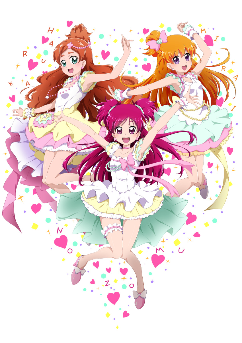 3girls :d absurdres alternate_hair_length alternate_hairstyle arm_up armpits arms_up asahina_mirai blonde_hair blue_eyes blue_skirt bow brown_hair character_name choker collarbone floating_hair full_body go!_princess_precure hair_bow hair_ornament haruno_haruka high_heels highres jewelry layered_skirt long_hair looking_at_viewer mahou_girls_precure! miniskirt multiple_girls necklace niita one_side_up open_mouth outstretched_arm outstretched_arms pink_bow pink_footwear pink_skirt precure pumps red_eyes redhead shiny shiny_hair shirt simple_background skirt sleeveless sleeveless_shirt smile very_long_hair violet_eyes white_background white_bow white_shirt white_skirt wrist_cuffs yellow_skirt yes!_precure_5 yumehara_nozomi