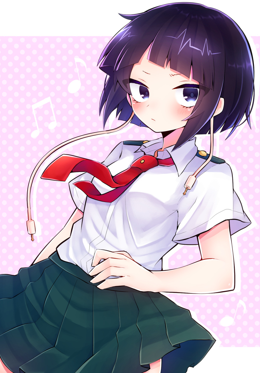 1girl bangs blunt_bangs blush boku_no_hero_academia commentary_request eringikinono green_skirt highres jirou_kyouka looking_at_viewer necktie pleated_skirt purple_hair red_neckwear shirt short_hair skirt solo white_shirt