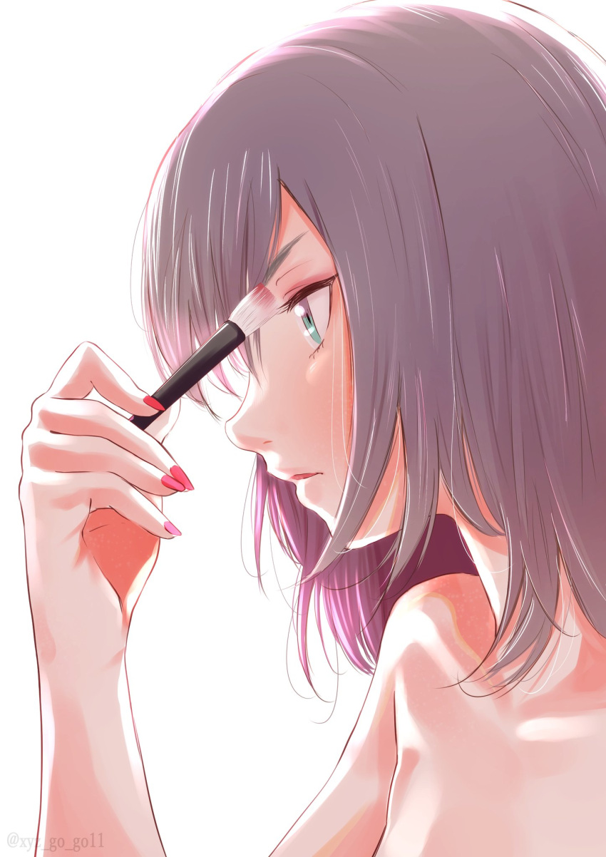 1girl applying_makeup bangs bare_shoulders blue_eyes closed_mouth commentary from_side girls_und_panzer highres holding itsumi_erika makeup makeup_brush mascara medium_hair nail_polish oze_(xyz_go_go11) red_nails silver_hair simple_background solo twitter_username upper_body white_background