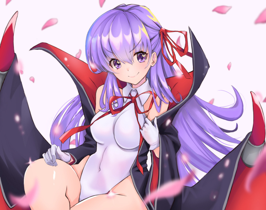 1girl bangs bare_shoulders bb_(fate)_(all) bb_(fate/extra_ccc) bikini blush breasts commentary_request eyebrows_visible_through_hair fate_(series) gloves hair_ribbon impossible_clothes large_breasts long_hair looking_at_viewer navel purple_hair red_ribbon ribbon shimasay simple_background smile solo star swimsuit very_long_hair violet_eyes white_background white_gloves
