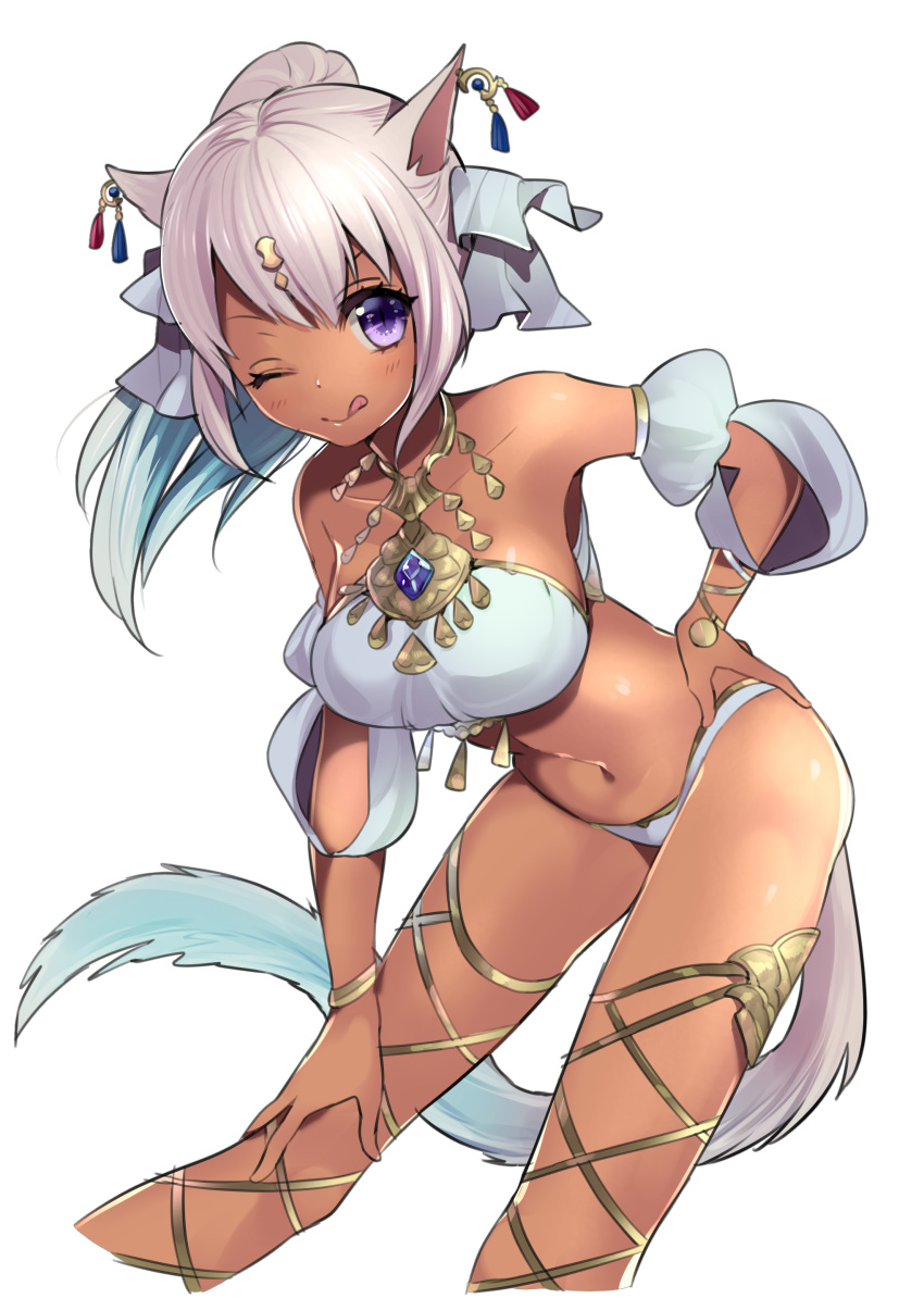 1girl absurdres animal_ears bare_legs bent_over breasts cat_ears cat_tail dark_skin facial_mark final_fantasy final_fantasy_xiv hand_on_hip highres large_breasts licking_lips midriff miqo'te navel omucchan_(omutyuan) panties silver_hair tail tan tongue tongue_out underwear violet_eyes