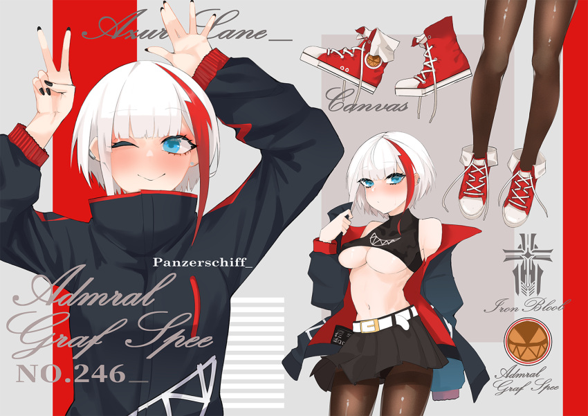 1girl admiral_graf_spee_(azur_lane) alternate_costume azur_lane bare_shoulders belt black_jacket black_legwear black_nails black_skirt blue_eyes blush breasts casual character_name commentary_request contemporary crop_top cross-laced_footwear ear_piercing earrings english_text full-face_blush high_collar iron_cross jacket jewelry long_sleeves looking_at_viewer multicolored_hair multiple_views nail_polish navel off_shoulder one_eye_closed open_clothes open_jacket pantyhose piercing pleated_skirt shoes skirt sneakers stomach streaked_hair sweatdrop thighband_pantyhose under_boob user_rsfj2585 white_belt white_hair