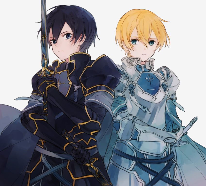 2boys armor black_armor black_cape black_eyes black_hair blonde_hair blue_armor blue_cape blue_flower blue_rose blue_rose_sword cape closed_mouth commentary_request dual_wielding eugeboy_zzzzz eugeo eyebrows_visible_through_hair flower green_eyes hair_between_eyes highres holding holding_sword holding_weapon kirito knight looking_at_viewer male_focus multiple_boys rose sheath sheathed short_hair simple_background sword sword_art_online sword_art_online_alicization weapon