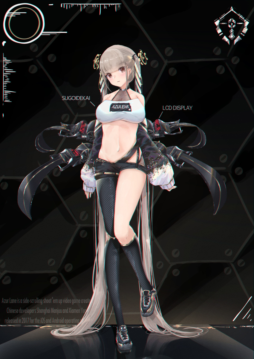 absurdres alternate_costume asymmetrical_legwear azur_lane black_background blonde_hair blush breasts detached_sleeves eyebrows_visible_through_hair formidable_(azur_lane) groin halter_top halterneck highres hime_cut large_breasts long_hair lowleg lowleg_shorts midriff navel red_eyes riannannair runway see-through shoes shorts sidelocks simple_background sneakers twintails very_long_hair