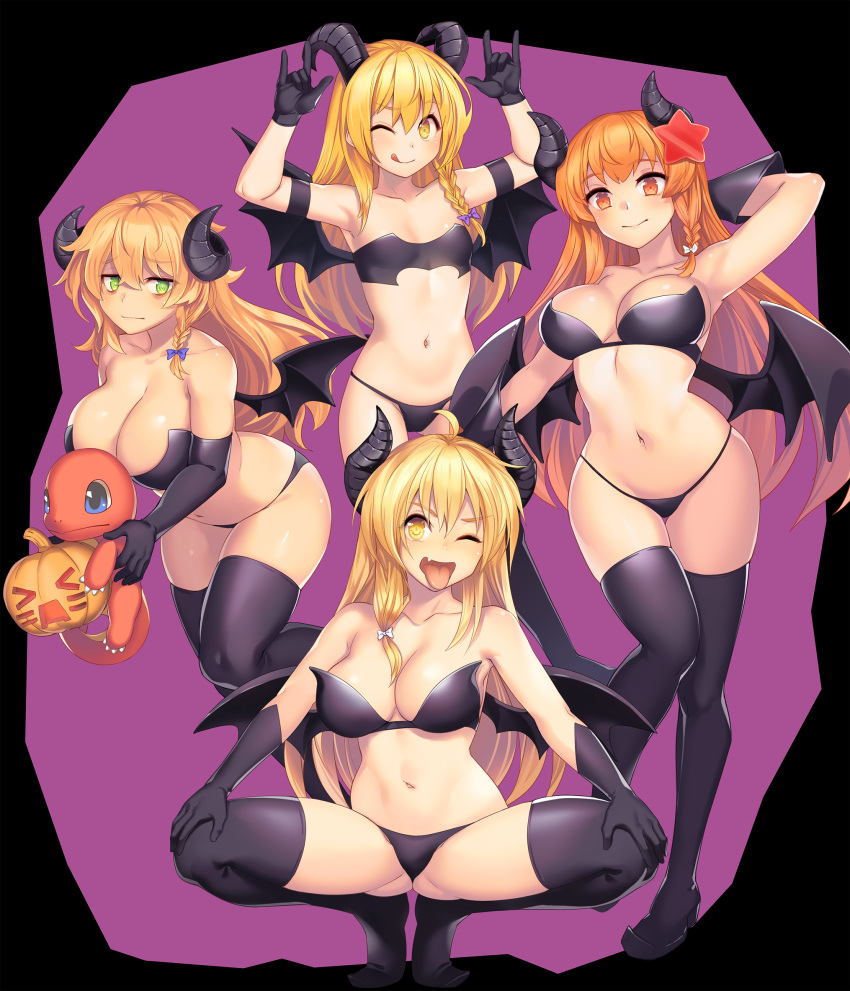 4girls ;q \m/ ahoge arm_up armband armpits arms_up ass_visible_through_thighs azusa_(cookie) bandeau bangs bare_arms bare_shoulders black_background black_footwear black_gloves black_panties blonde_hair blush boots bow breasts charmander collarbone commentary_request cookie_(touhou) demon_girl demon_horns demon_wings elbow_gloves eyebrows_visible_through_hair fang gloves green_eyes hair_between_eyes hair_bow hair_ornament highres holding holding_pokemon horns jack-o'-lantern kirisame_marisa large_breasts long_hair looking_at_viewer mars_(cookie) midriff multiple_girls navel one_eye_closed open_mouth orange_eyes orange_hair panties pokemon pokemon_(creature) purple_background purple_bow rei_(cookie) small_breasts spread_legs squatting standing star star_hair_ornament stomach strapless succubus tarmo thigh-highs thigh_boots thighs tongue tongue_out touhou tubetop two-tone_background underwear uzuki_(cookie) wings yellow_eyes