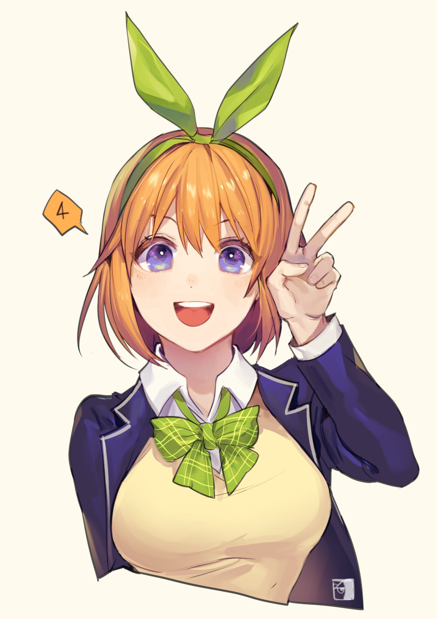 1girl :d absurdres arm_up blazer bow cardigan commentary go-toubun_no_hanayome green_bow green_neckwear green_ribbon hair_ribbon happy highres jacket looking_at_viewer nakano_yotsuba open_blazer open_clothes open_jacket open_mouth orange_hair ribbon school_uniform shirt short_hair smile solo symbol_commentary teeth upper_teeth v velahka violet_eyes white_shirt