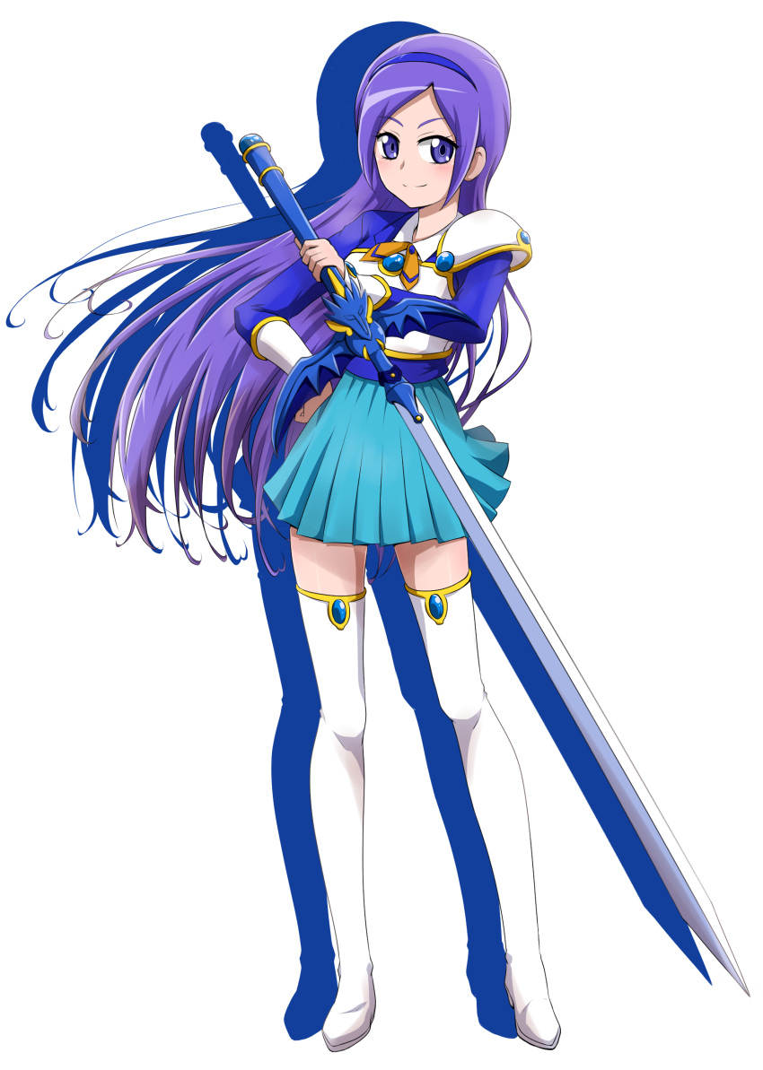 1girl absurdres aono_miki bangs blue_eyes blue_hairband blue_shirt blue_skirt boots closed_mouth cosplay floating_hair fresh_precure! full_body hairband hand_on_hip highres holding holding_sword holding_weapon long_hair long_sleeves looking_at_viewer magic_knight_rayearth miniskirt niita parted_bangs pleated_skirt precure purple_hair ryuuzaki_umi ryuuzaki_umi_(cosplay) shiny shiny_hair shirt shoulder_armor simple_background skirt smile solo standing sword thigh-highs thigh_boots very_long_hair weapon white_background white_footwear white_thigh_boots zettai_ryouiki