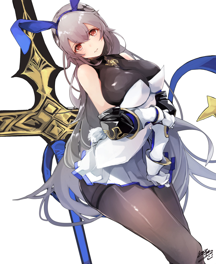 1girl absurdres animal_ears azur_lane bangs black_legwear breasts closed_mouth commentary corset cosplay crossed_bangs diamond_(shape) dress dress_tug dutch_angle gauntlets graf_zeppelin_(azur_lane) hair_between_eyes highres holding_arm large_breasts long_hair looking_at_viewer pantyhose polearm polearm_behind_back rabbit_ears red_eyes saint-louis_(azur_lane) saint-louis_(azur_lane)_(cosplay) short_dress silver_hair thighband_pantyhose tomocha_(tmc_tmc8) very_long_hair weapon white_background white_dress
