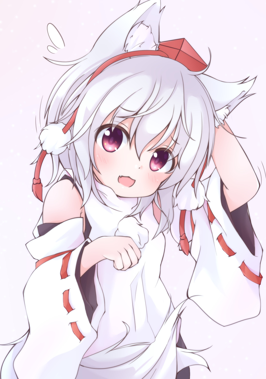 1girl absurdres animal_ears bangs bare_shoulders chinoru detached_sleeves fang hat highres inubashiri_momiji looking_at_viewer open_mouth paw_pose pom_pom_(clothes) red_eyes ribbon-trimmed_sleeves ribbon_trim shirt short_hair sleeveless sleeveless_shirt solo sweatdrop tail tokin_hat touhou white_hair white_shirt wolf_ears wolf_tail