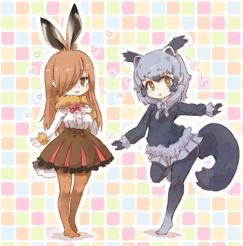 2girls animal_ears black_gloves black_hair black_legwear blush brown_eyes brown_hair brown_legwear brown_skirt character_request coat eyebrows_visible_through_hair gloves grey_hair grey_skirt hair_over_one_eye heart highres kemono_friends kemono_friends_3 kolshica long_hair long_sleeves looking_at_viewer multicolored_hair multiple_girls pantyhose parted_lips short_hair skirt smile tail two-tone_hair very_long_hair