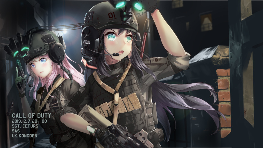 2girls alternate_hair_color battle_rifle black_gloves blue_eyes call_of_duty call_of_duty_4 commentary commentary_request crossover english_commentary english_text gloves gun handgun hatsune_miku hatsune_miku_(vocaloid4)_(chinese) head_mounted_display headset helmet highres icefurs lens_flare load_bearing_vest long_hair magazine_(weapon) megurine_luka military_operator mixed-language_commentary multiple_girls night night_vision pink_hair pistol purple_hair reloading rifle trigger_discipline vocaloid weapon
