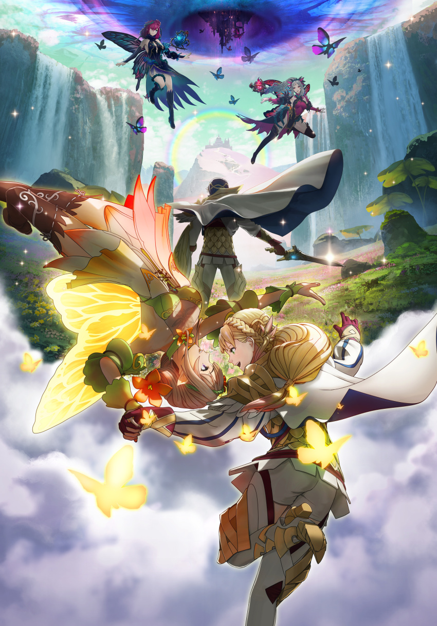 1boy absurdres alfonse_(fire_emblem) armor artist_request black_dress blonde_hair blue_hair boots bug butterfly butterfly_wings cape clouds cloudy_sky day dress fairy_wings field fire_emblem fire_emblem_heroes flower flower_field gloves gradient gradient_clothes gradient_hair hair_ornament high_heels highres holding holding_hand holding_sword holding_weapon insect leg_up long_hair long_sleeves multicolored_hair multiple_girls official_art outdoors peony_(fire_emblem) pink_hair plumeria_(fire_emblem) pointy_ears rainbow sharena short_dress shorts sky sleeveless sparkle striped sword thigh-highs thigh_boots thighs tied_hair triandra_(fire_emblem) vertical_stripes water waterfall weapon wings zettai_ryouiki