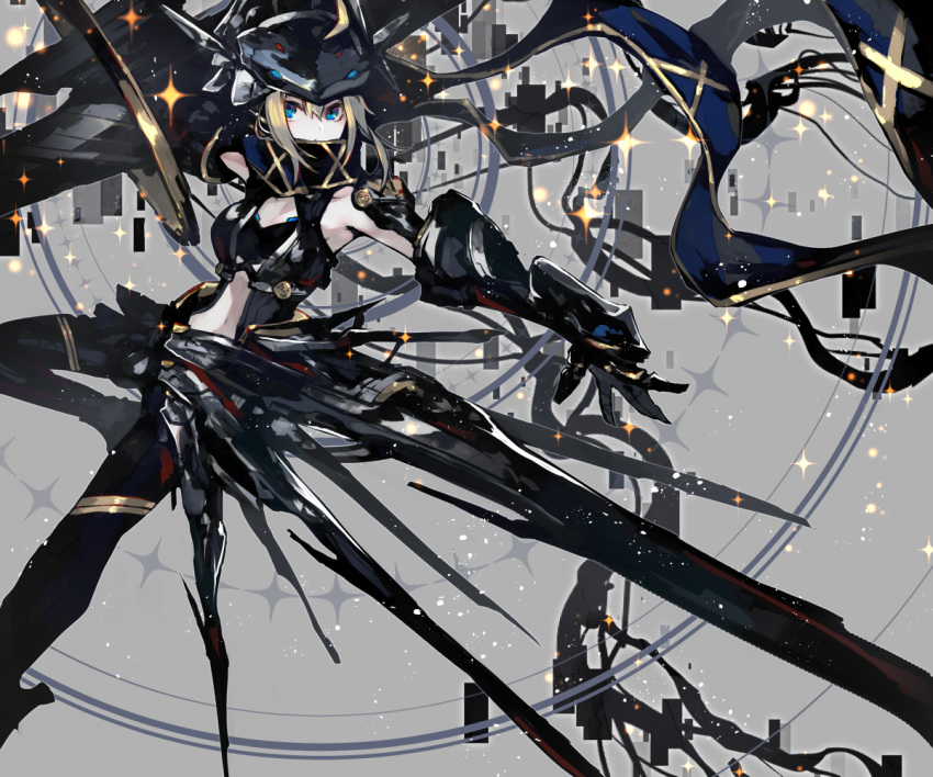 1girl alternate_color artoria_pendragon_(all) black_footwear black_headwear black_scarf black_vest blonde_hair blue_eyes commentary fate/grand_order fate_(series) gauntlets grey_background holding holding_spear holding_weapon kusakanmuri looking_at_viewer midriff mysterious_heroine_xx_(foreigner) navel open_clothes outstretched_arm polearm scarf solo sparkle spear twinmyniad vest weapon