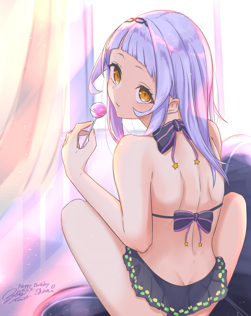 1girl ass back bangs bikini black_bikini blunt_bangs blush commentary curtains dated frilled_bikini frills from_behind happy_birthday highres holding_lollipop hololive long_hair looking_at_viewer looking_back murasaki_shion ogura_toast open_mouth silver_hair sitting solo swimsuit virtual_youtuber window yellow_eyes