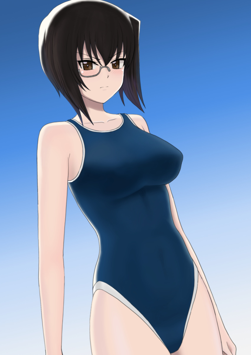 1girl bare_shoulders black_hair blue_background blue_swimsuit blush breasts brown_eyes clenched_hand closed_mouth collarbone covered_navel eyebrows_visible_through_hair frown girls_und_panzer glasses gradient gradient_background groin highres higofushi kawashima_momo large_breasts looking_at_viewer monocle school_swimsuit shiny shiny_hair shiny_skin short_hair simple_background solo standing swimsuit swimwear upper_body