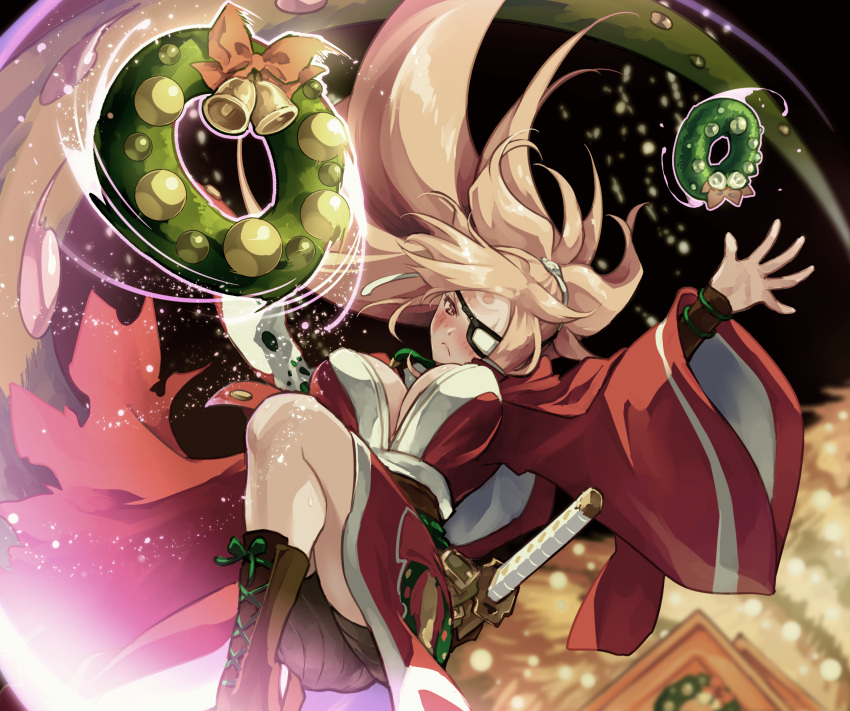 1girl :&lt; alternate_costume amputee baiken blush boots bouncing_breasts breasts brown_footwear christmas christmas_wreath commentary_request cross-laced_footwear eyepatch guilty_gear guilty_gear_xrd highres jako_(toyprn) japanese_clothes katana kimono large_breasts long_hair no_bra open_clothes open_kimono pink_eyes pink_hair red_kimono scar scar_across_eye sheath sheathed shorts solo sword throwing very_long_hair weapon wide_sleeves wreath