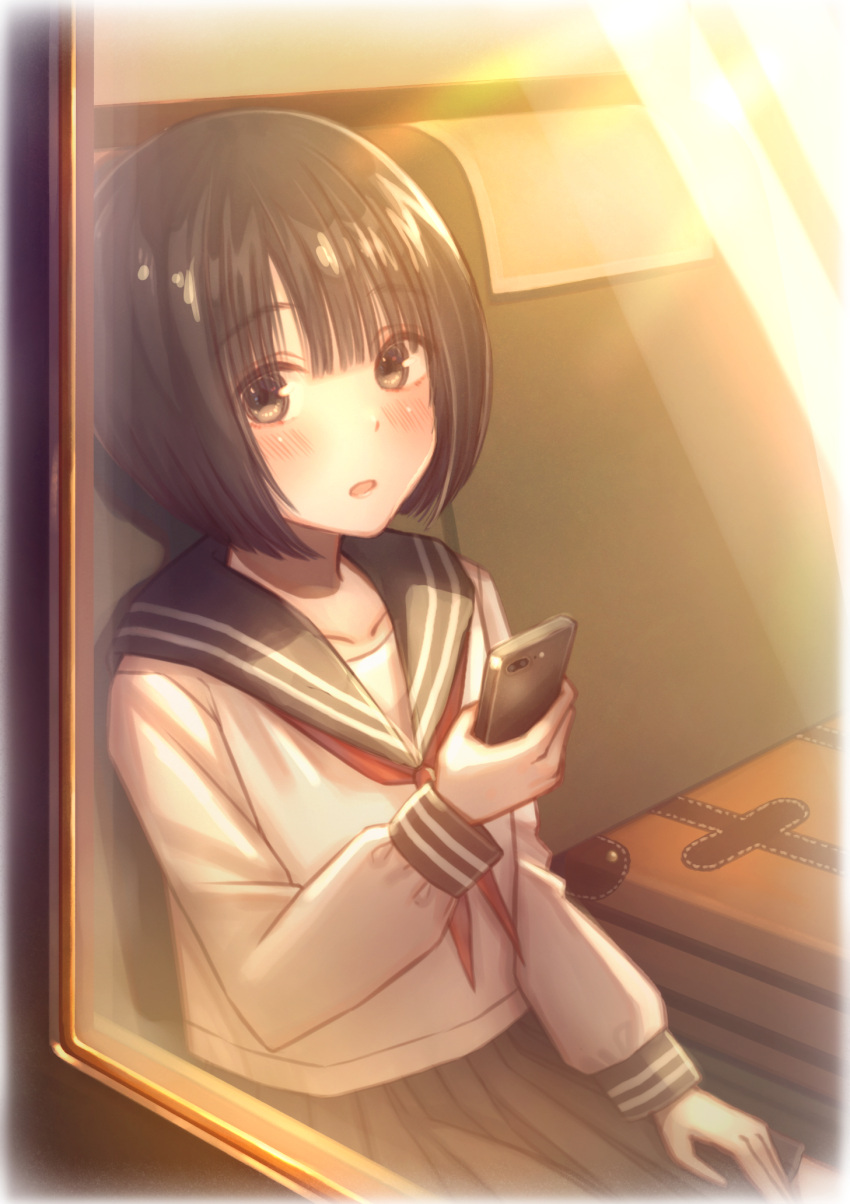 1girl bangs blush bob_cut brown_eyes brown_hair cellphone eyebrows_visible_through_hair highres holding holding_phone open_mouth original phone school_uniform serafuku short_hair sitting smartphone solo suitcase tanbonota46 train_interior window