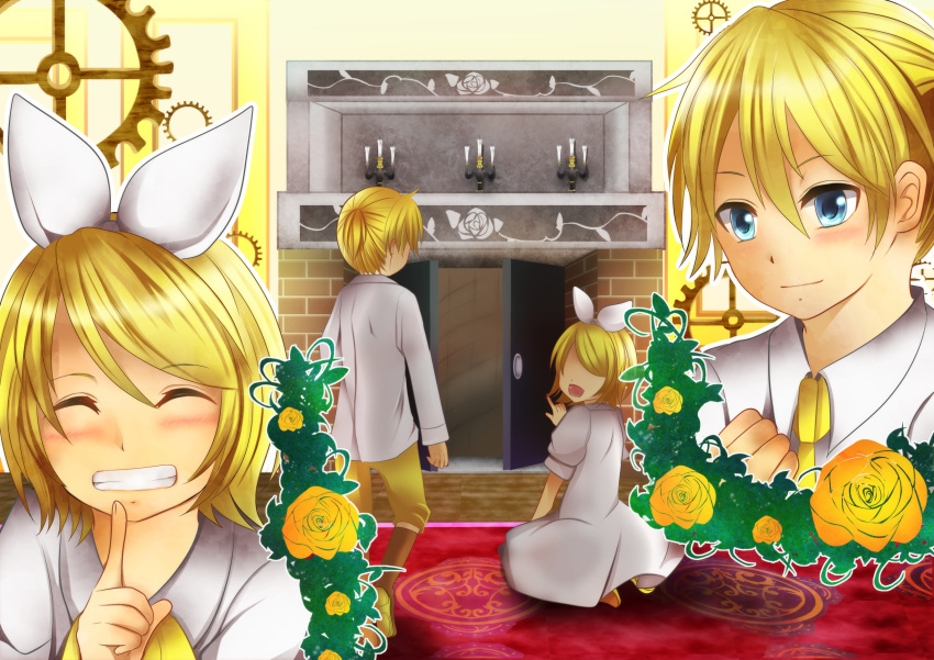 aku_no_musume_(vocaloid) allen_avadonia blonde_hair blue_eyes bow brother_and_sister candelabra candle carpet dress evillious_nendaiki finger_to_mouth fireplace flower gears grin hair_bow highres kagamine_len kagamine_rin kneeling momiji0316 pointing pointing_up riliane_lucifen_d'autriche rose rug shirt short_hair short_ponytail shorts shushing siblings smile sneaking trap_door twins twiright_prank_(vocaloid) vocaloid white_dress yellow_flower yellow_rose