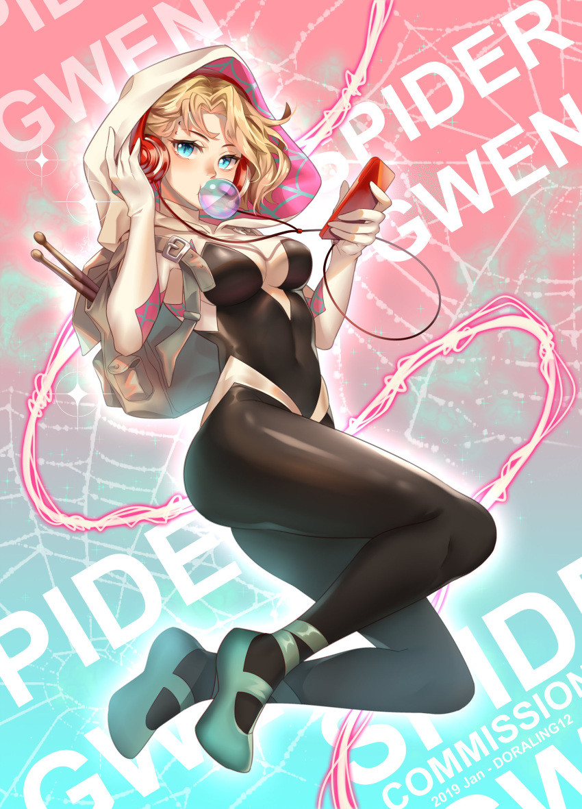 1girl absurdres blonde_hair blue_eyes bodysuit breasts bubble_blowing cellphone character_name chewing_gum commission headphones highres holding holding_cellphone holding_phone hood hood_up hoodie large_breasts ling_(doraling12) phone short_hair solo spider-gwen spider-man:_into_the_spider-verse spider-man_(series)