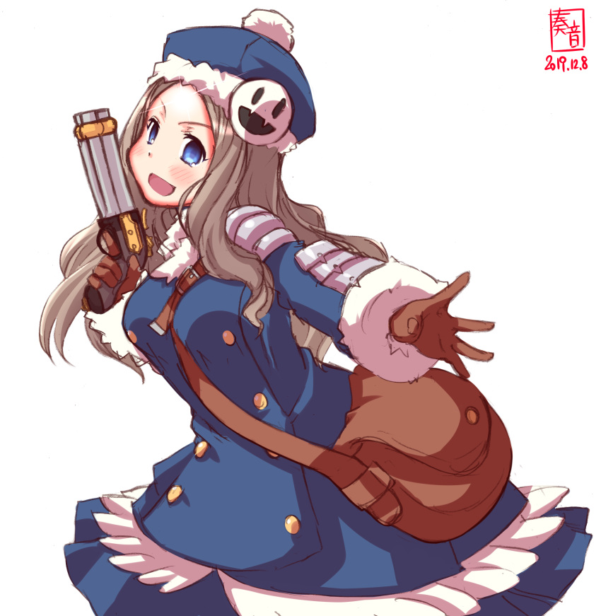 1girl absurdres artist_logo asakaze_(kantai_collection) bag bangs beret blue_dress blue_eyes brown_gloves commentary_request cosplay dated dress fur-trimmed_dress fur_trim gloves gun gunner gunner_(cosplay) handgun hat highres kanon_(kurogane_knights) kantai_collection light_brown_hair long_hair looking_at_viewer parted_bangs pistol sekaiju_no_meikyuu sekaiju_no_meikyuu_2 simple_background solo wavy_hair weapon white_background