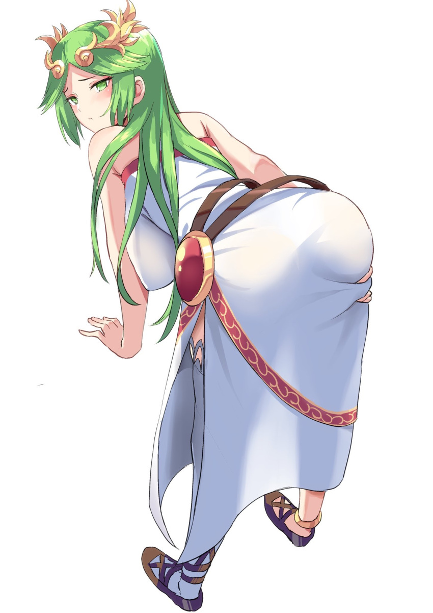 1girl ass breasts dress from_behind green_eyes green_hair hanging_breasts highres kid_icarus large_breasts long_hair looking_back manno_(kanpi2100) palutena see-through side_slit single_thighhigh strapless strapless_dress thigh-highs white_background