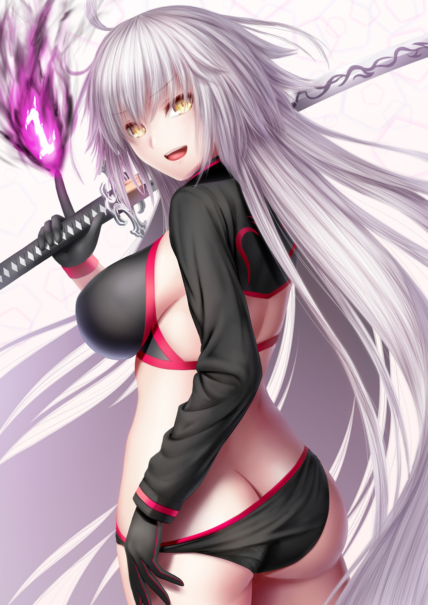 1girl ahoge ass bangs bikini black_bikini black_gloves black_jacket blush breasts cropped_jacket fate/grand_order fate_(series) fire gloves highres index_finger_raised jacket jeanne_d'arc_(alter_swimsuit_berserker) jeanne_d'arc_(fate)_(all) katana large_breasts long_hair long_sleeves looking_at_viewer looking_back masatoki open_mouth purple_fire shrug_(clothing) silver_hair simple_background smile solo swimsuit sword very_long_hair weapon white_background yellow_eyes