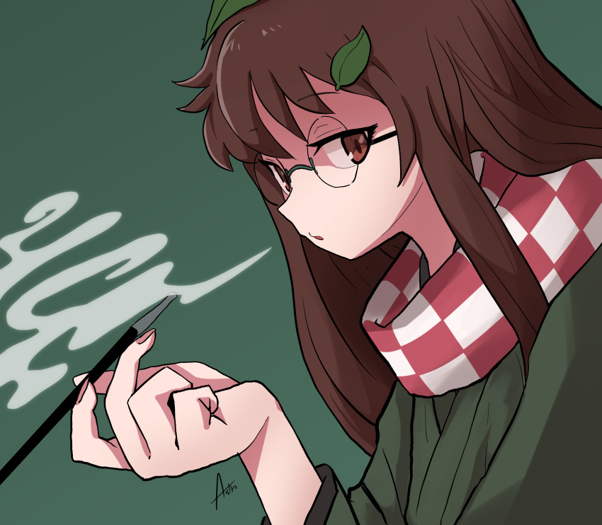 1girl artist_name asutoro_(s--t) blowing_smoke brown_eyes brown_hair checkered checkered_scarf commentary eyebrows_visible_through_hair futatsuiwa_mamizou futatsuiwa_mamizou_(human) green_background grey_kimono highres holding holding_pipe japanese_clothes kimono kiseru leaf leaf_on_head leaning_forward long_hair long_sleeves looking_at_viewer parted_lips pipe red_scarf rimless_eyewear scarf signature simple_background smoke solo touhou