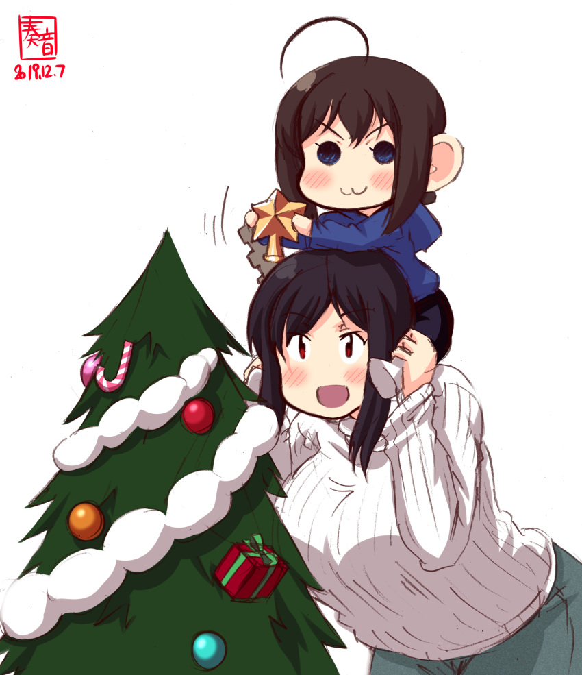 2girls :3 absurdres ahoge alternate_costume artist_logo bangs bauble black_hair blue_eyes blue_hoodie blush box brown_hair candy candy_cane carrying child christmas christmas_ornaments christmas_tree commentary_request dated food gift gift_box hair_ornament highres hood hood_down hoodie kanon_(kurogane_knights) kantai_collection long_sleeves multiple_girls open_mouth red_eyes ribbed_sweater shigure_(kantai_collection) short_hair shoulder_carry simple_background smile star sweater turtleneck turtleneck_sweater white_background white_sweater yamashiro_(kantai_collection) younger